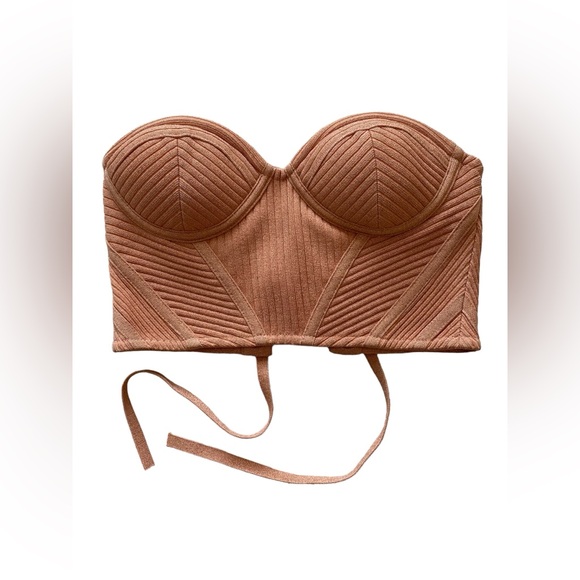 Retrofete Sami Knit Ribbed Strapless Corset Cropped Top Apricot Peach Revolve - Picture 5 of 8